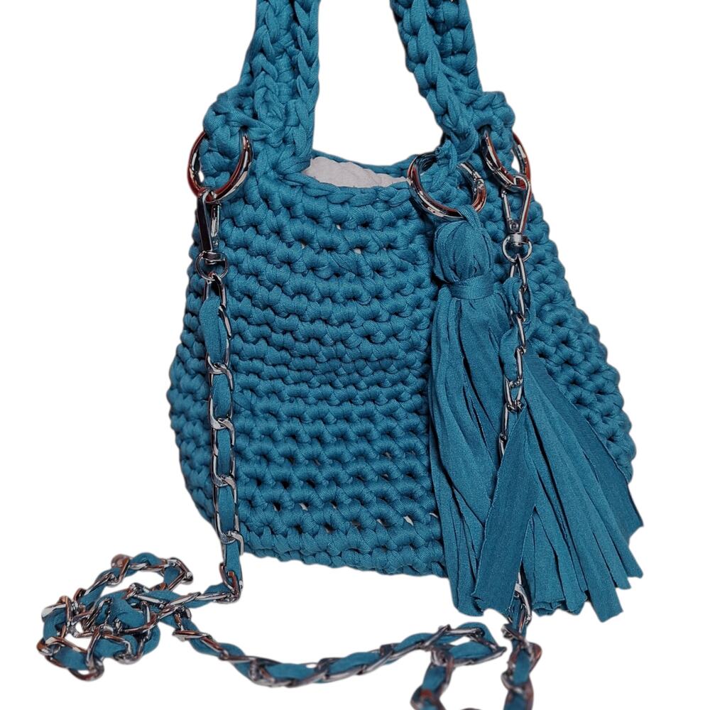 Handmade crochet mini crossbody bag tassel detail teal blue chain strap woven